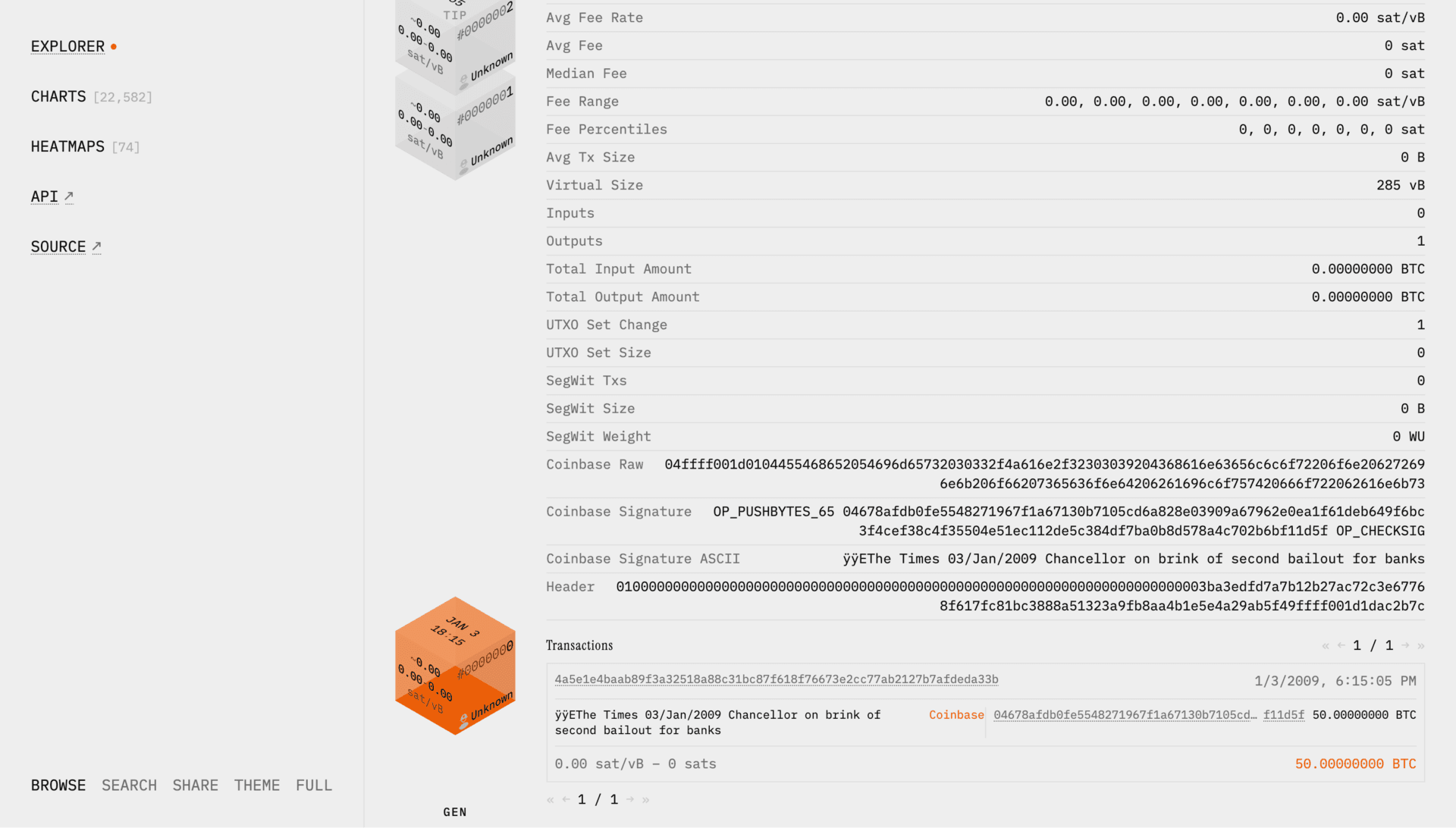 The Bitview explorer showing Bitcoin's genesis block